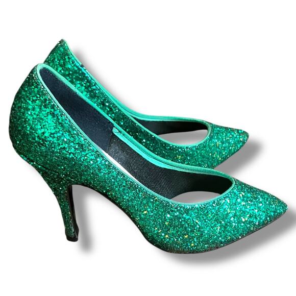 Vintage Green Glitter Stiletto Heels Dancin’ 6.5B Sparkle Party Pumps - Picture 1 of 6